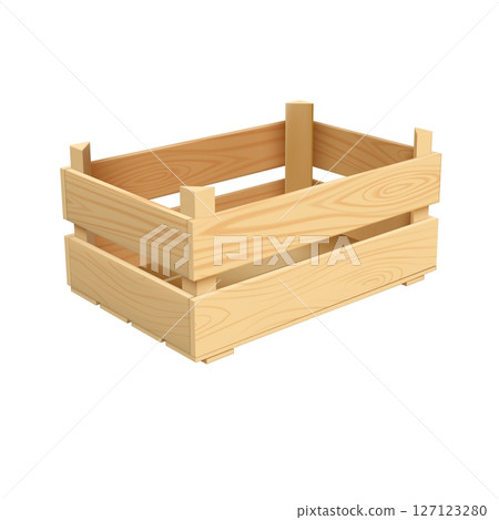 Realistic wooden box, basket for storage and transportation, delivery of food, freight, fruits, vegetables and products 127123280