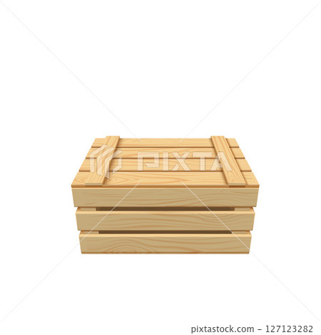 Wooden crate with closed lid, realistic vector illustration. 127123282