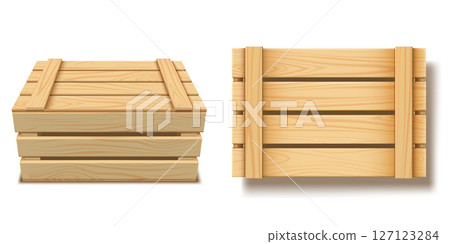 Set of wooden closed boxes in top and side views. Realistic container. 127123284