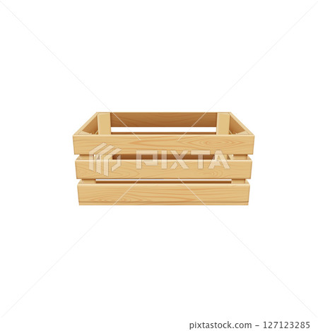 Vector realistic wooden box top view, timber crate with holes for storage and transportation of food and freight Vector realistic wooden box top view, timber crate with holes for storage and transportation of food and freight 127123285