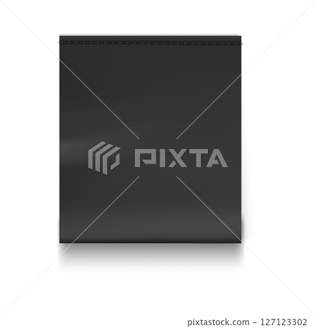 Black textile label with topstitching. Fabric tag for clothes. 127123302