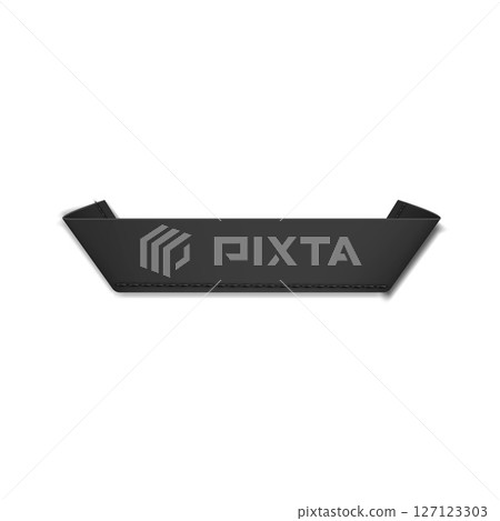 Black textile label, fabric tag with curled edges, vector realistic cloth label with stitches, ribbon badge mockup 127123303