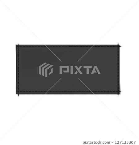 Black textile label rectangle sewn on, vector realistic cloth fabric tag for textile with stitches, cotton badge mockup 127123307