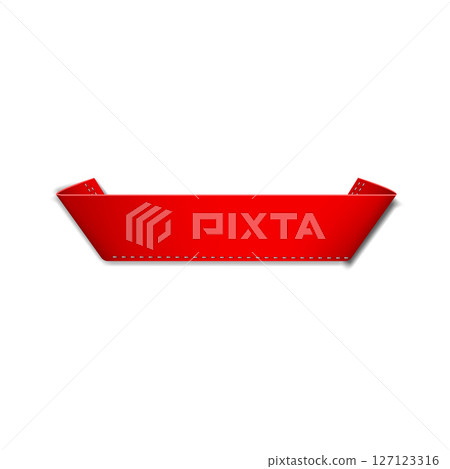 Red textile label, fabric tag with curled edges, vector realistic cloth label with stitches, cotton ribbon badge mockup 127123316
