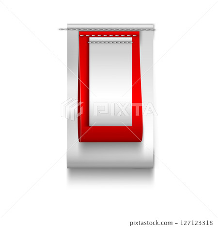 Red and white several textile loop labels sewn vertically, vector realistic cloth fabric tags cotton silk badge mockup 127123318