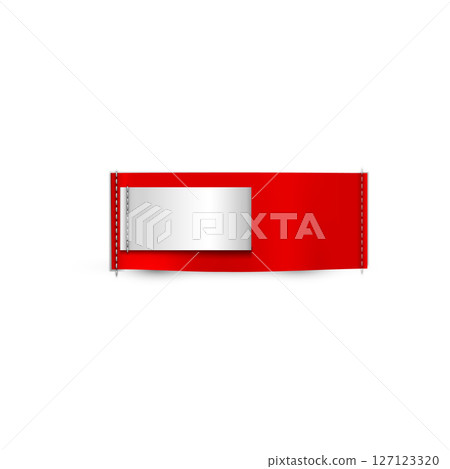 Horizontal red textile label with stitching along the edges and cotton white ribbon for size. 127123320