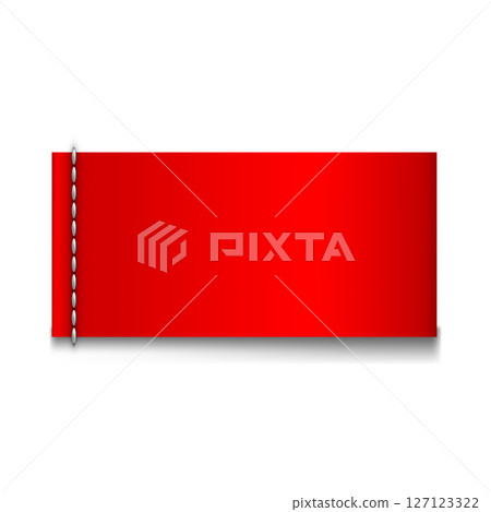 Red textile loop label sewn horizontally, vector realistic cloth fabric tag with stitches, cotton or silk badge mockup Red textile loop label sewn horizontally, vector realistic cloth fabric tag with stitches, cotton or silk badge mockup 127123322