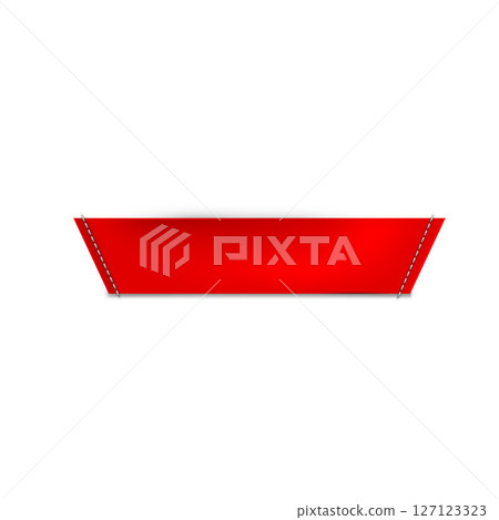 Textile label template. Horizontal red textile tag with decorative stitching along the edges. 127123323