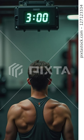 Athletes point of view of a gym timer counting down a rest period for recovery. 127123334