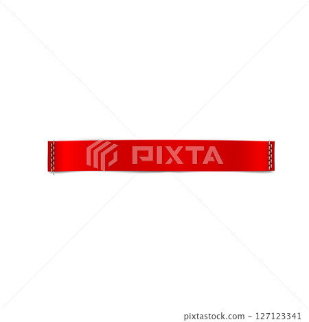 Narrow horizontal textile label in red with decorative stitching along the edges. 127123341