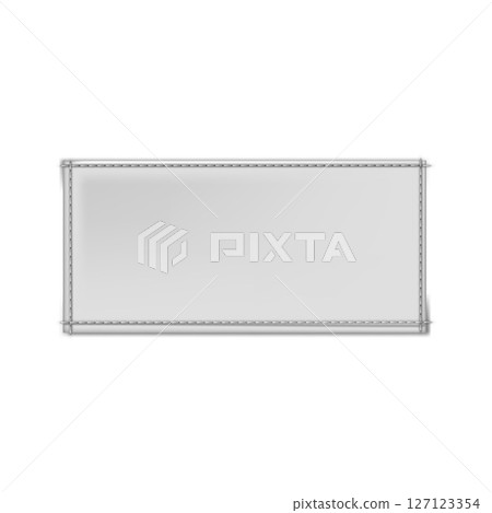 Vector realistic textile blank tag with stitched edges. Rectangular white label mockup. Vector realistic textile blank tag with stitched edges. Rectangular white label mockup. 127123354