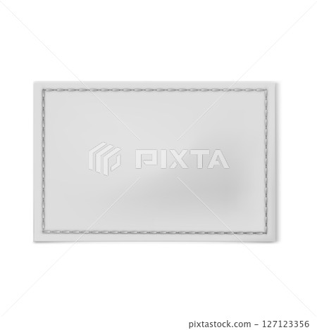 Stitched white textile label, vector realistic cloth fabric rectangle sewn on tag for textile, cotton badge mockup 127123356