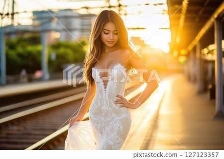 Sensual bride posing on train station platform at sunset 127123357