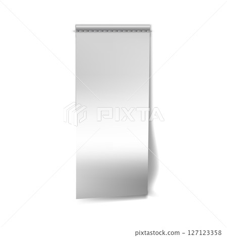Vertical textile label with seam stitches along the top edge. Realistic blank white tag mockup. Vertical textile label with seam stitches along the top edge. Realistic blank white tag mockup. 127123358