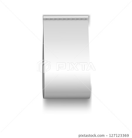 Realistic textile label with stitching along the top edge. Cotton, vertical blank tape. 127123369