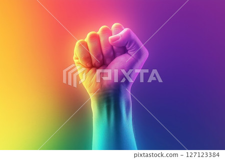 Hand raising rainbow fist showing power and strength Hand raising rainbow fist showing power and strength 127123384