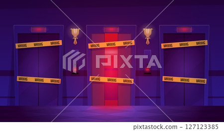 Three elevators with different door opening positions sealed with yellow warning tape, vector flat dark lobby interior Three elevators with different door opening positions sealed with yellow warning tape, vector flat dark lobby interior 127123385