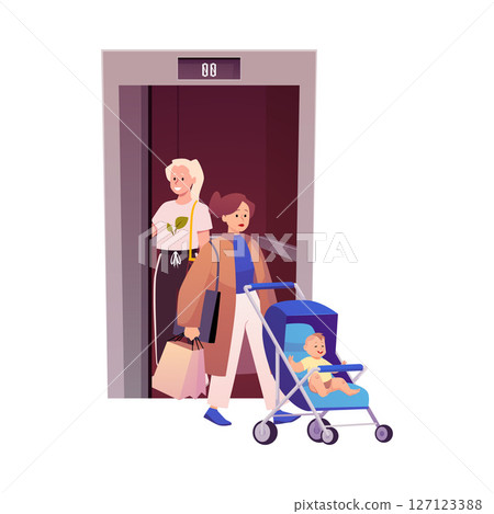 People using lift elevator, mother with a baby in stroller and bags coming out of the elevator vector flat illustration People using lift elevator, mother with a baby in stroller and bags coming out of the elevator vector flat illustration 127123388