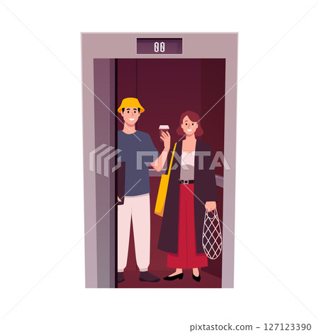 People using an elevator vector flat illustration, woman with bags and man with drink cup inside the elevator lift cabin 127123390