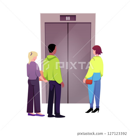 People are waiting for the elevator vector flat illustration, man and women, worker with cargo using lift transportation 127123392
