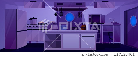 Professional restaurant kitchen interior with stainless equipment and furniture, dark room vector flat illustration Professional restaurant kitchen interior with stainless equipment and furniture, dark room vector flat illustration 127123401