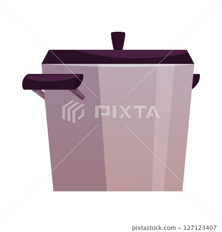 Metal pan with lid and handles icon, vector cartoon stainless soup pot, cooking utensil, kitchenware, food preparation 127123407