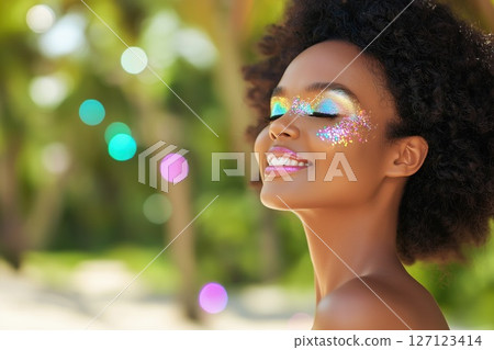 Beautiful black woman model with glittering makeup outdoors 127123414