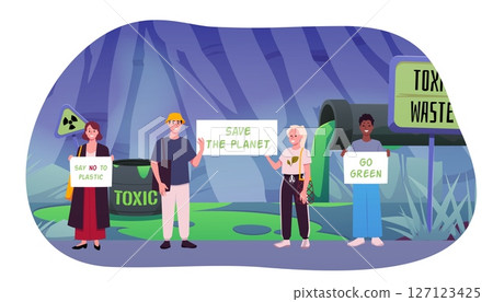 Protest strike against on toxic waste pollution, crowd of people with placards stand at factory with pipes flat vector 127123425