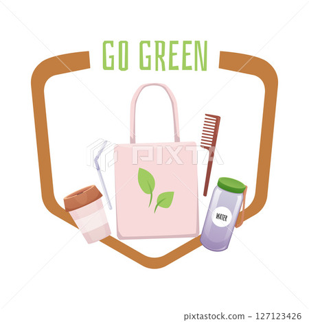 Eco logo with bag, glass bottle, comb, cup, straw and GO GREEN lettering. 127123426