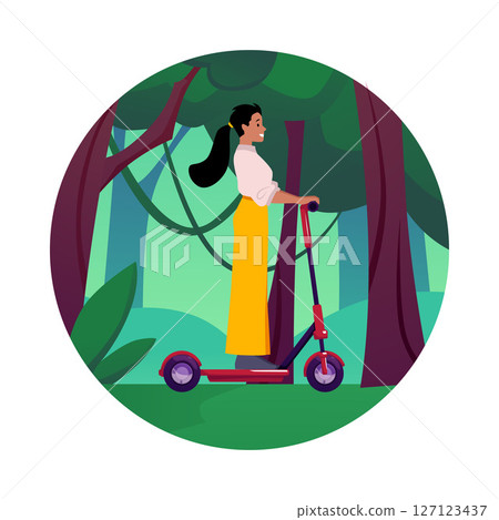Woman riding scooter against forest background. Round isolated frame. 127123437