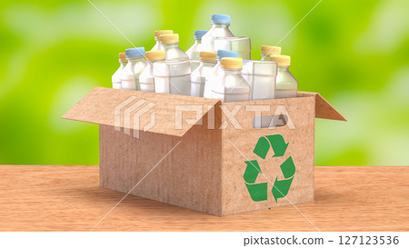 The Plastic bottle in Paper Box for eco or recycle concept 3d Rendering. 127123536