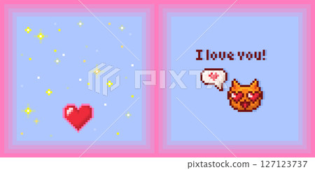 Pixel art Valentine cards with cute emoticon cat 127123737