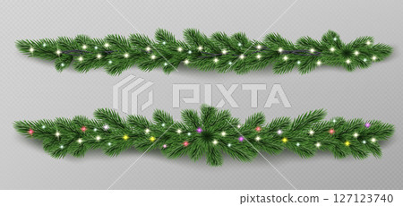 Green pine branch garland with glowing lights Green pine branch garland with glowing lights 127123740