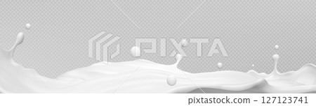 White milk wave splash with flying droplets 127123741