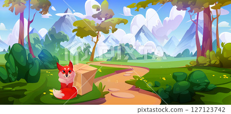 Forest landscape with red fox sitting beside box 127123742
