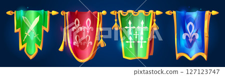 Medieval war banners on golden poles Medieval war banners on golden poles 127123747