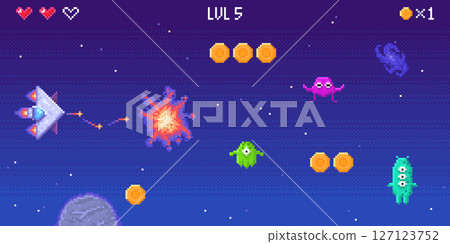 Retro space invader pixel art game scene 127123752