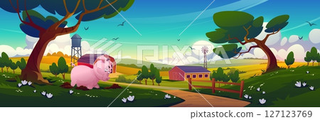 Cartoon pig digging on farm landscape 127123769