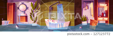 Flooded cartoon bathroom interior disaster 127123772