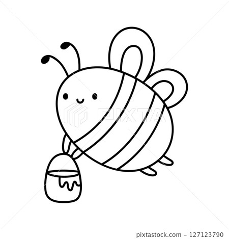 Cute flying bee with a honey pot 127123790