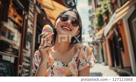 一位女士手捧冰淇淋微笑 127123868