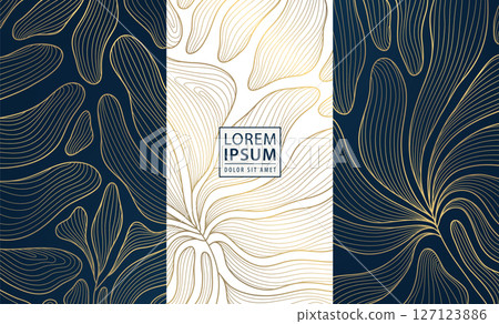 Vector gold label box, leaves floral wine design, vip perfume royal package. Leaf template, beauty, jewelry, gift cards, banners. 127123886