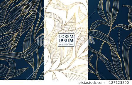 Vector gold label box, leaves floral wine design, vip perfume royal package. Leaf template, beauty, jewelry, gift cards, banners. 127123890