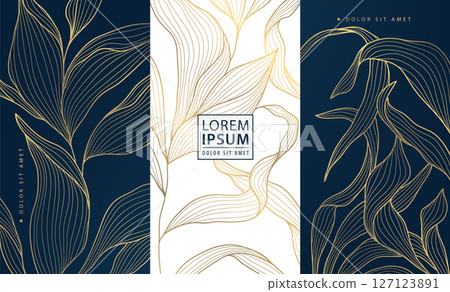 Vector gold label box, leaves floral wine design, vip perfume royal package. Leaf template, beauty, jewelry, gift cards, banners. Vector gold label box, leaves floral wine design, vip perfume royal package. Leaf template, beauty, jewelry, gift cards, banners. 127123891