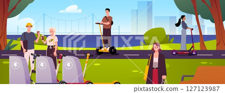 People ride gyroscooter segway and electric scooter in the park, cartoon electric charging station, ecological transport 127123987