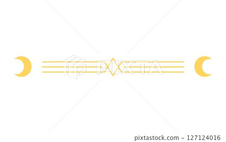 Vector frame with yellow crescent moons with geometric lines, wireframe border. 127124016