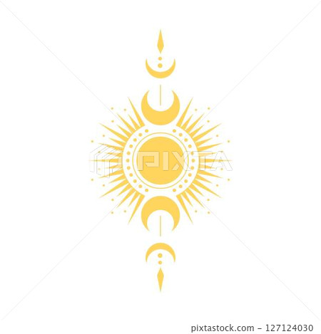 Yellow sky mandala design with sun, moon phases, rays and dots. 127124030