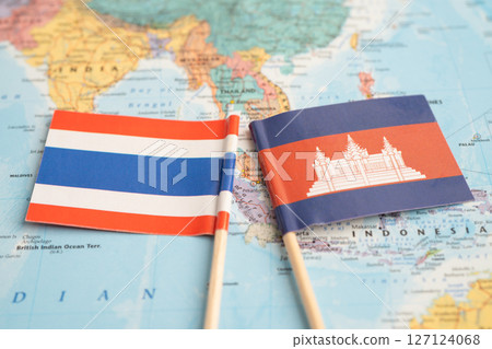 Bangkok, Thailand December 7, 2023, Thailand and Cambodia flag on world map. 127124068