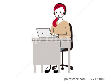 A woman wearing a headset and having a web conference 127124083