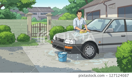 A scene of hands gently washing a beloved car with fine bubbles! 127124087